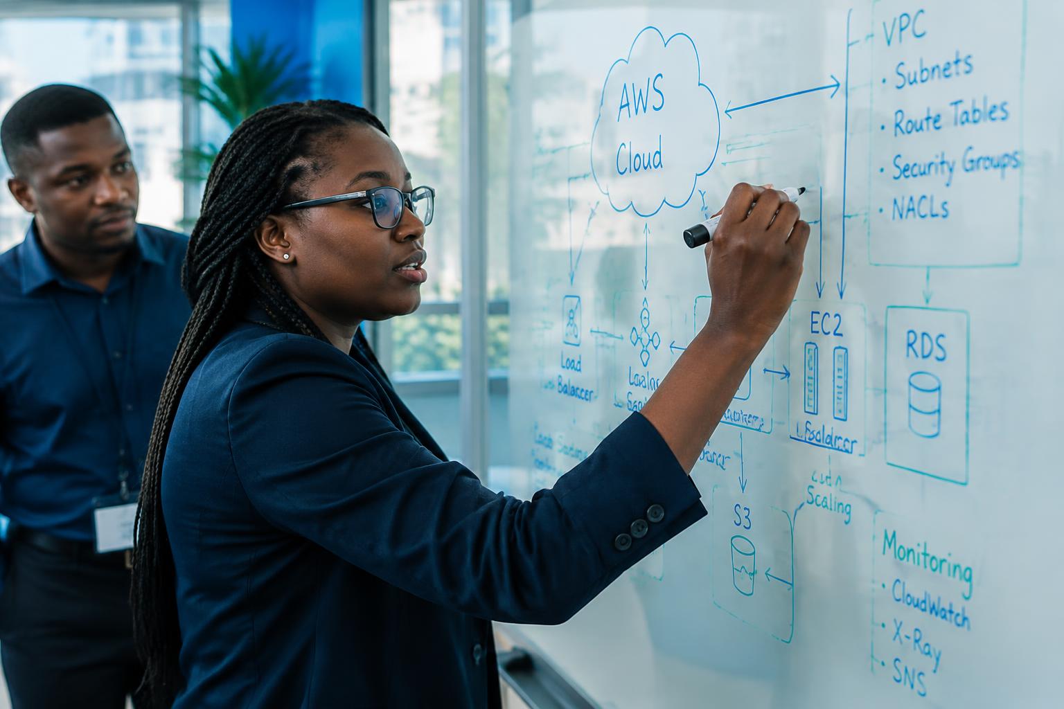 Intelli-Sys cloud architect sketching an AWS architecture on a glass board